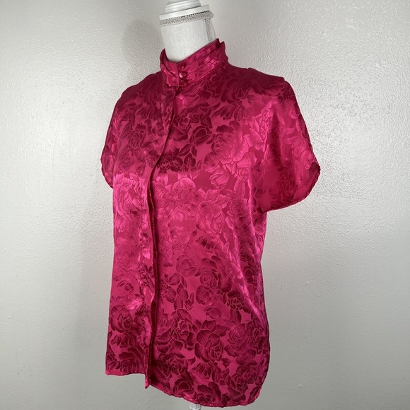 Greenwich Square Button Down Top Women 11/12 Pink Floral Embossed Satin Mandarin - Picture 2 of 13